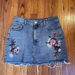 Floral Embroidered Denim High Waisted Mini Skirt
